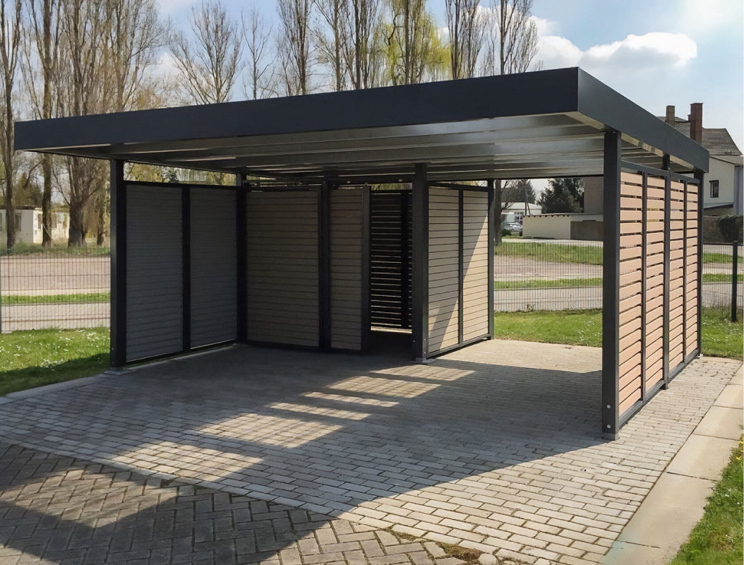 Односкатный автонавес из поликарбоната в стиле хай-тек для автомобиля с закрытыми боковинами Навес-пристрой к дому из монолитного поликарбоната